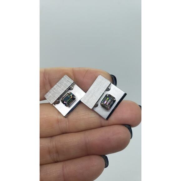 Vintage Cufflinks Swank Silver Rivoli Rainbow Rhinestone Cuff Links 1960s - Picture 3 of 9